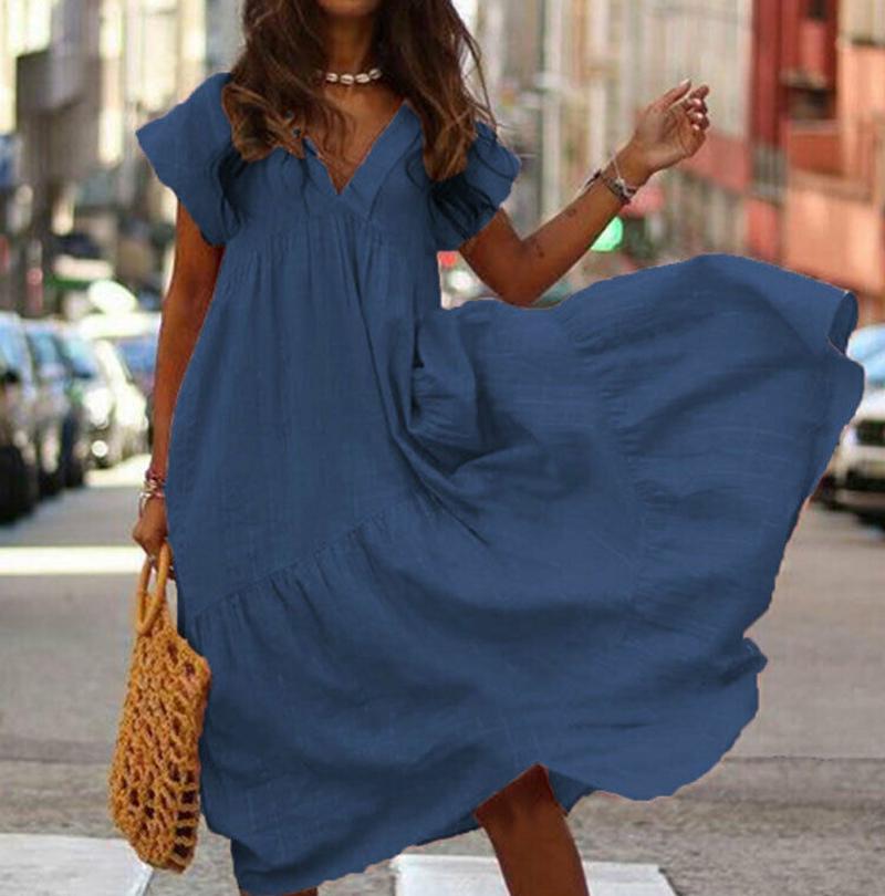 

Fashion Women Maxi Dress Short Sleeve Casual Boho Kaftan Tunic Size Plus DarkBlue,L