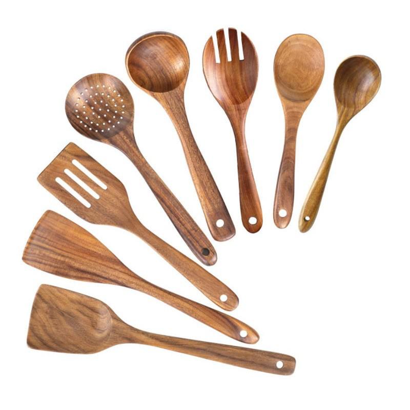 Non-Stick Pan Special: Teak & Acacia Wood Spatula, Stir-Fry Set, Salad Fork & Slotted Spoon