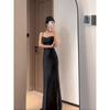Rochie Maxi Neagră din Satin Fără Bretele Bodycon cu Trena Sirena Rochie de Seară pentru Petrecere
