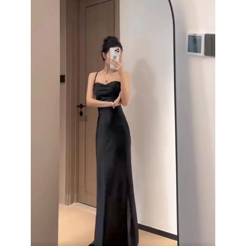 Rochie Maxi Neagră din Satin Fără Bretele Bodycon cu Trena Sirena Rochie de Seară pentru Petrecere