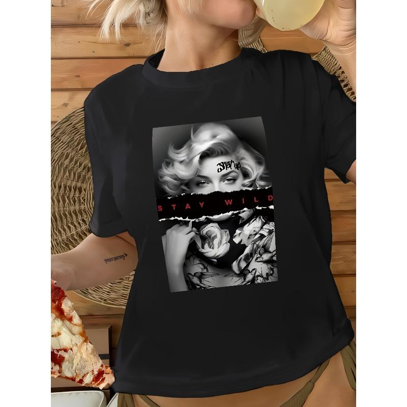 

European sizes Women S Casual Crew Neck T-Shirt Graphic Design - Short Sleeve, Slight Stretch, Black Summer Tee for Casual Attire, Ladies T Shirts 4XL