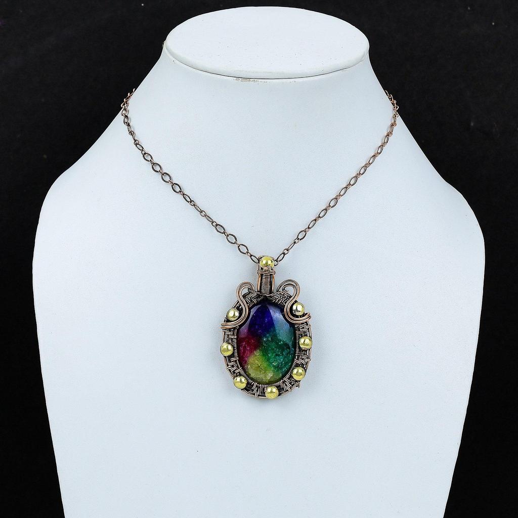Rainbow Solar Quartz Gemstone Pure Copper Wire Wrapped Handmade Pendant Jewelry