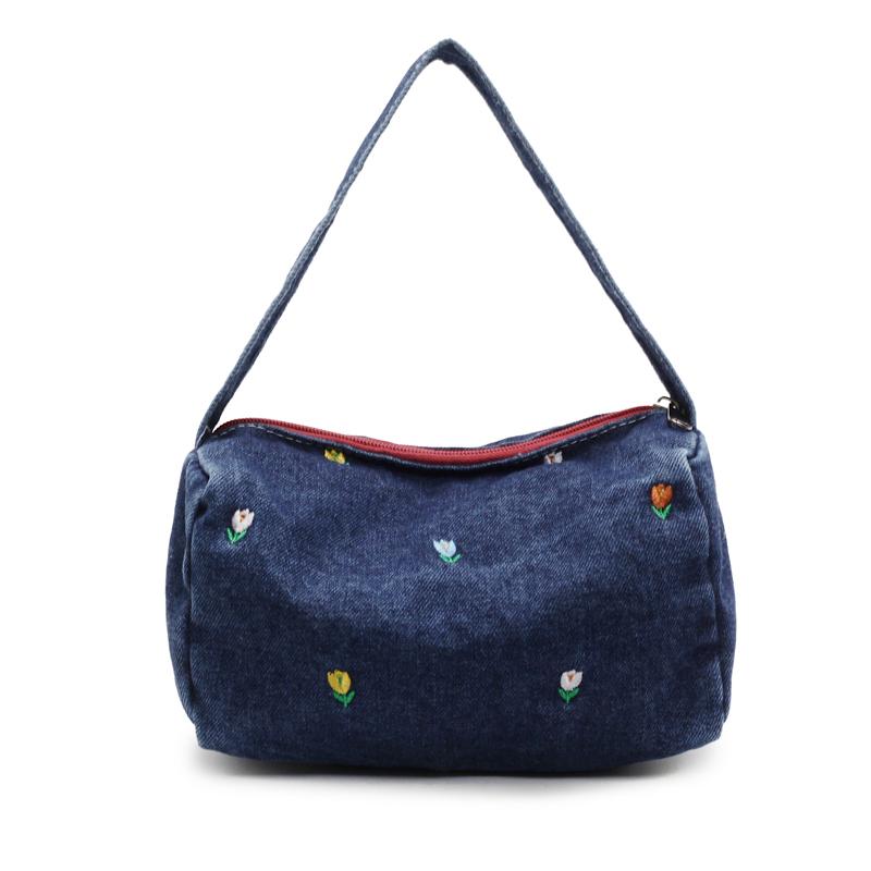 Denim Small Square Bag Flower Embroidery Lightweight Women's Shoulder Bag