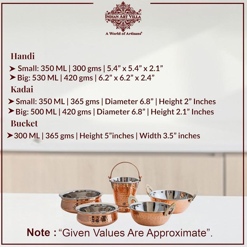 Steel Copper Serving Set Including 1 Bucket, 2 Handi, 2 Kadai, Serveware & Tableware Set, Set of 5, Polka Dot
