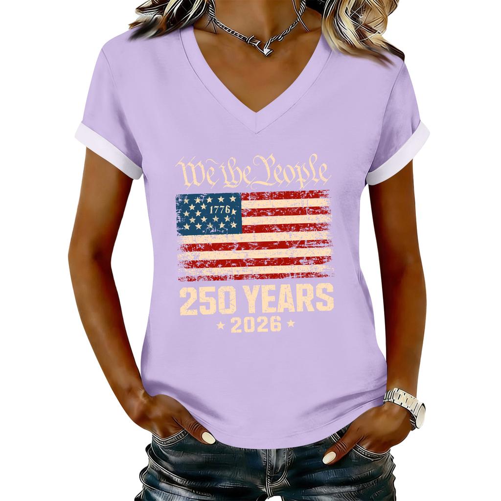 Women's Casual Printed T-Shirt V Neck Pullover Short Sleeve Top