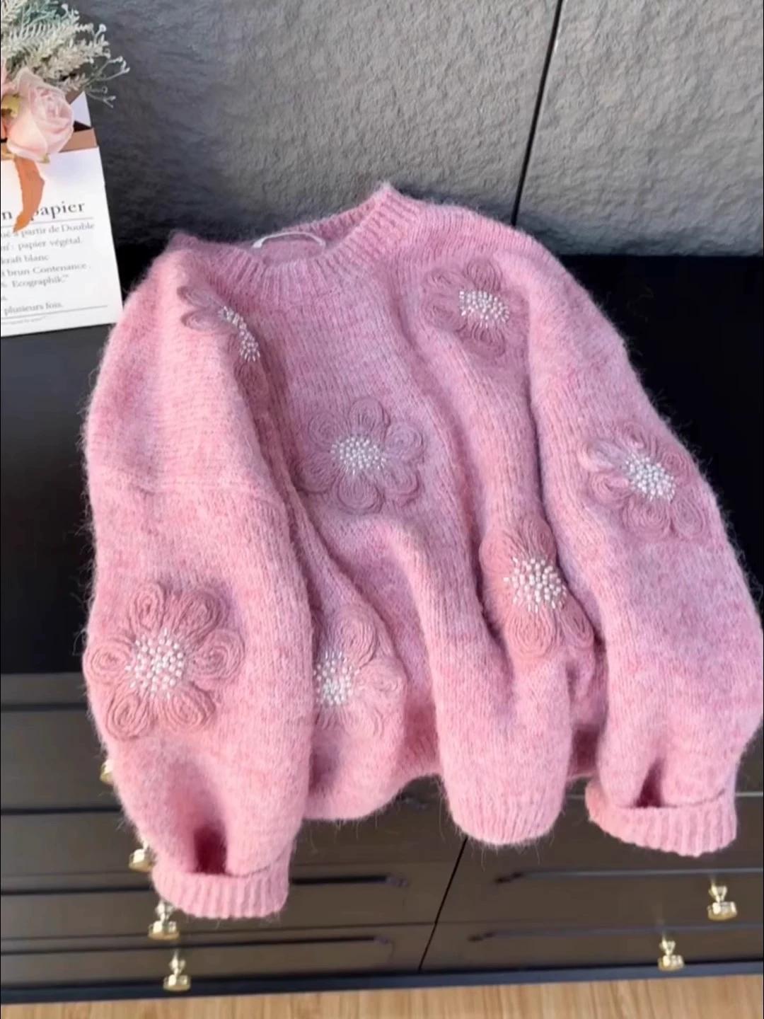 

Свитер женский с бусинами в виде цветов, с круглым вырезом, с длинным рукавом, пуловер, осень-зима, свободный, модный, вязаный, теплый топ Onesize розовый