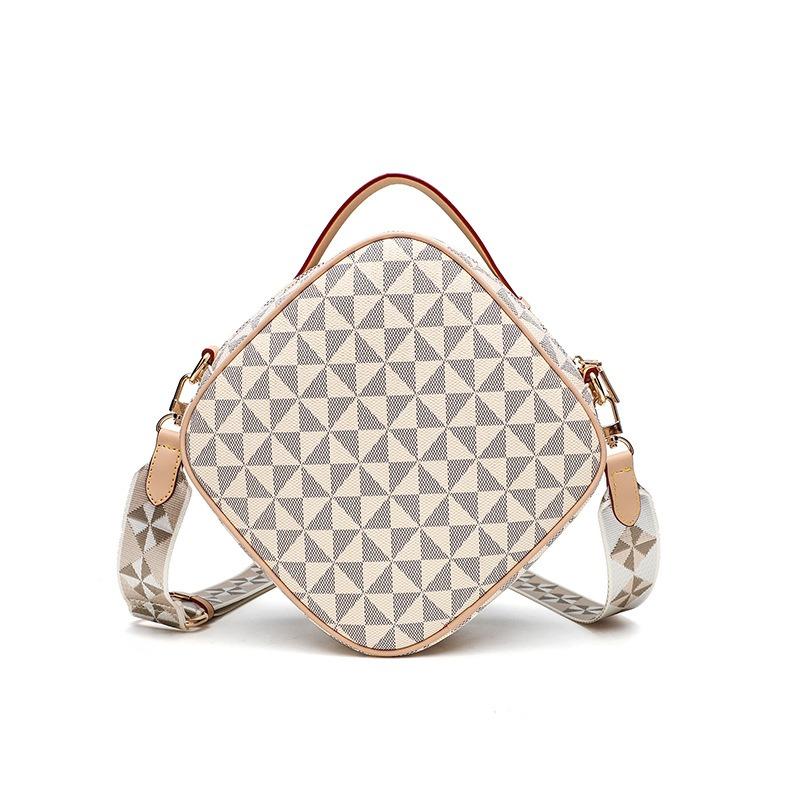 Women's Bag Personalized Rhombus Printing Broadband Shoulder Crossbody White Chest Bag with Pendant Round Change Bag
