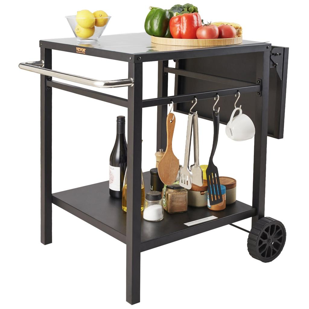 VEVOR Outdoor Grill Dining Cart with Double-Shelf, BBQ Movable Food Prep Table, Multifunctional Foldable Iron Table Top