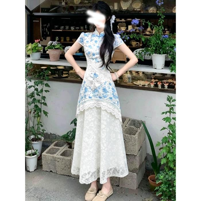 Chiffon cover new Chinese style floral improved cheongsam dress beautiful unique splicing waist temperament dress