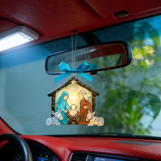 Seaglass Nativity Hanging Ornament Coastal Sea Glass Birth of Jesus 2D Acrylic Hanging Decoration Christmas Tree Holiday Religious Pendant