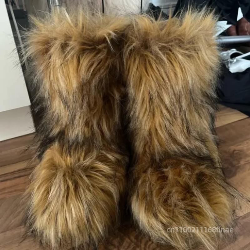 European and American Fur Snow Boots Winter New Style with Thickened Sleeve, Imitating Raccoon and Fox Fur Midsole Boots