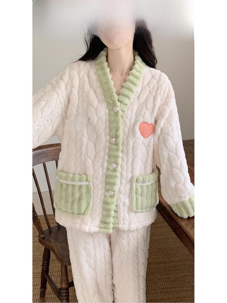 Winterpyjama aus Korallenfleece für Damen: Dickes, warmes Flanell-Loungewear-Set im süßen Stil