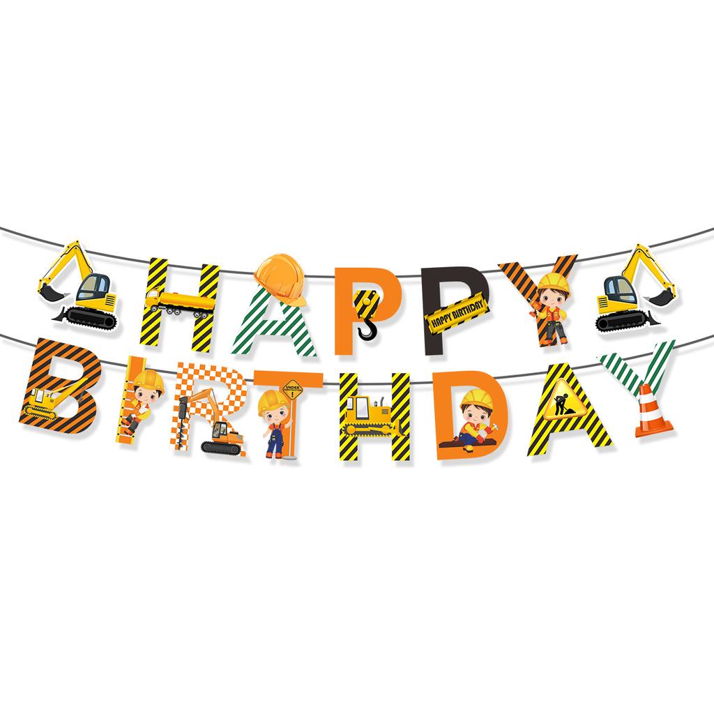 Children'S Birthday Party Decoration Excavator Pulling Flag Vortex Construction Truck Forklift Cake Sticker