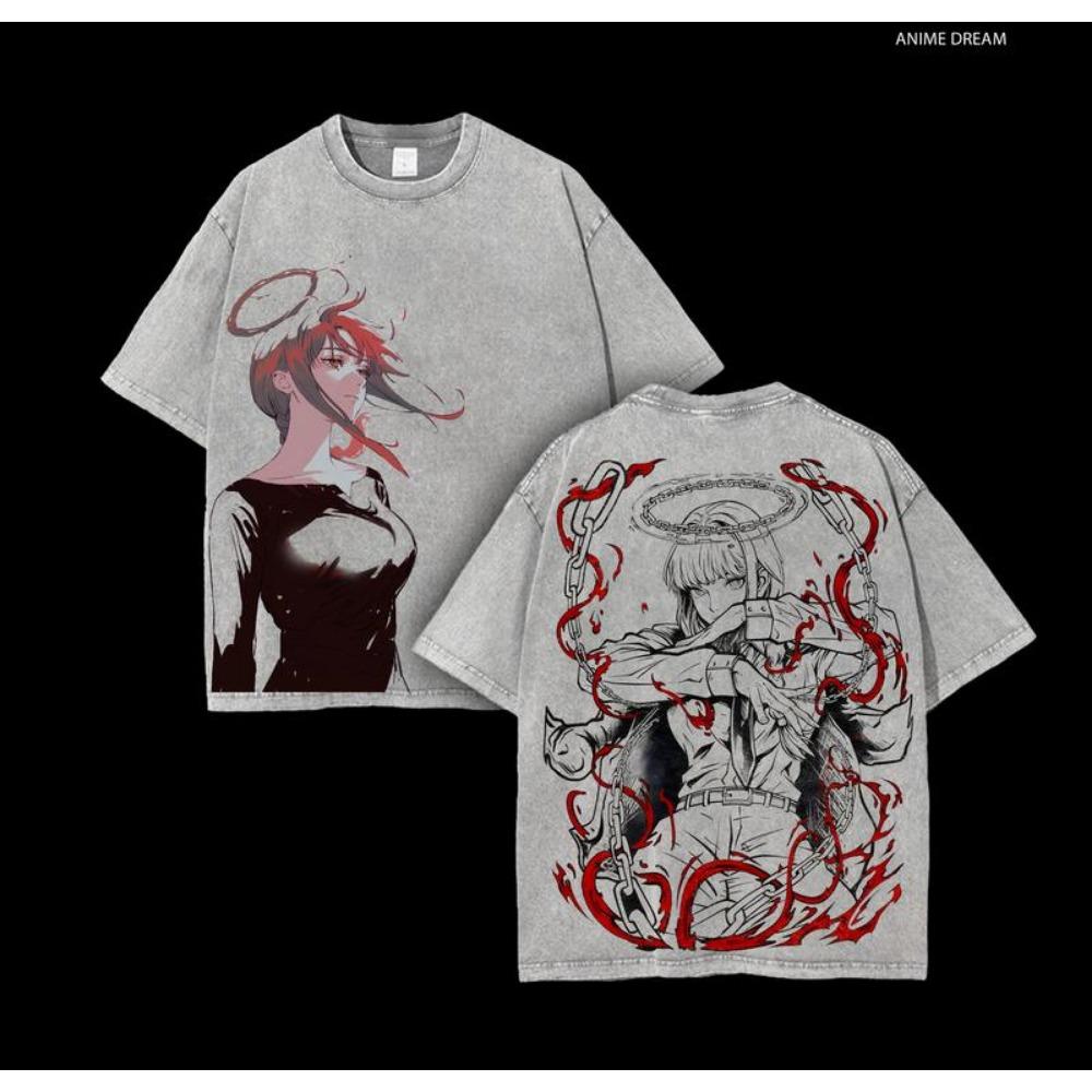 Anime Chainsaw Man Makima T-shirt For Men Women Clothing Vintage Washed Oversized T Shirt Pure Cotton