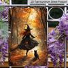 2D Flat Vintage Autumn Forest Witch with Black Cat Aluminum Metal Sign‑8.0x12.0inch Halloween Wall Decor, Witch Broom Fall Maple Leaf Art Plaque