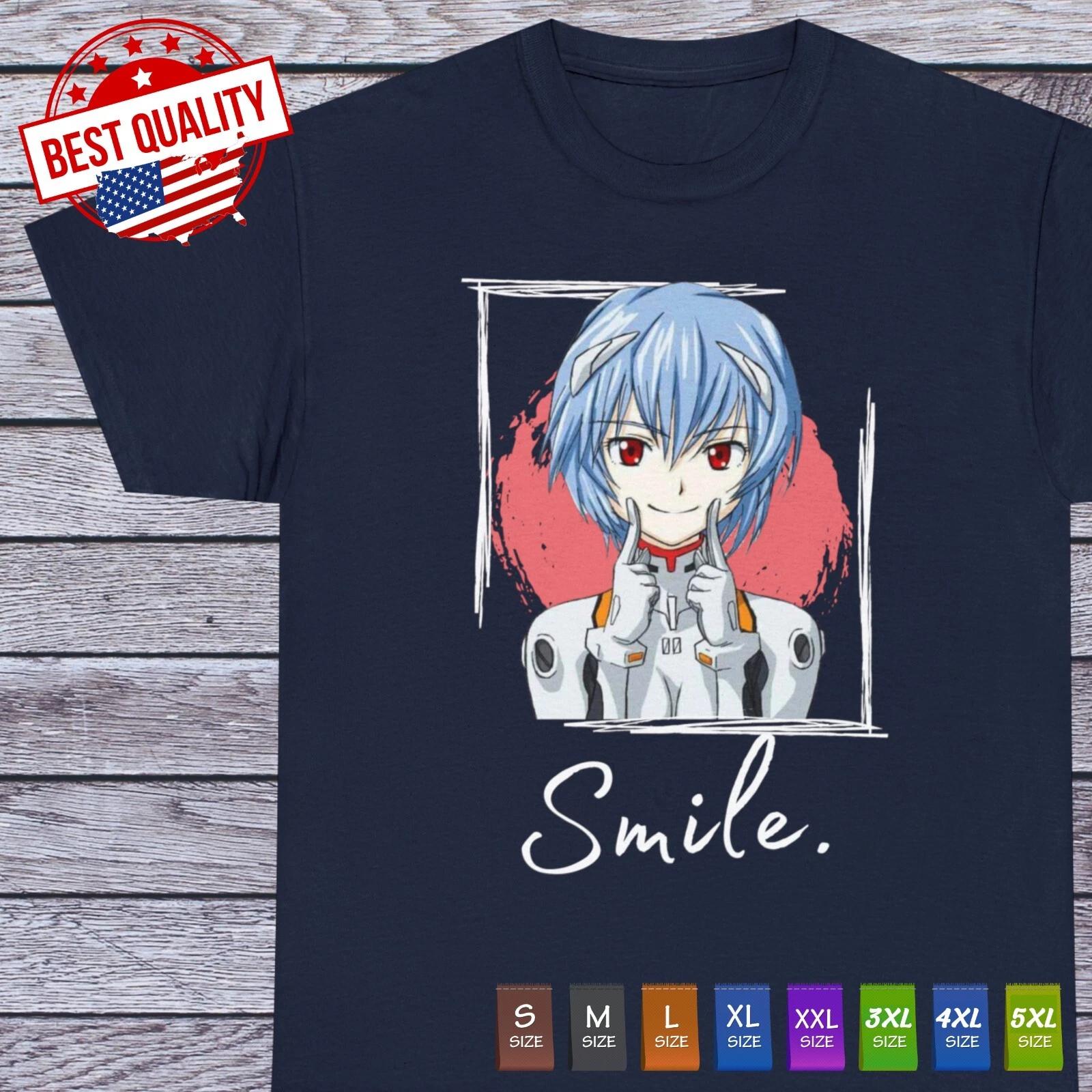 

Smile Anime Girl Evangelion T Shirt Japan Rei Ayanami Manga Kawaii Cosplay Tee 2XL