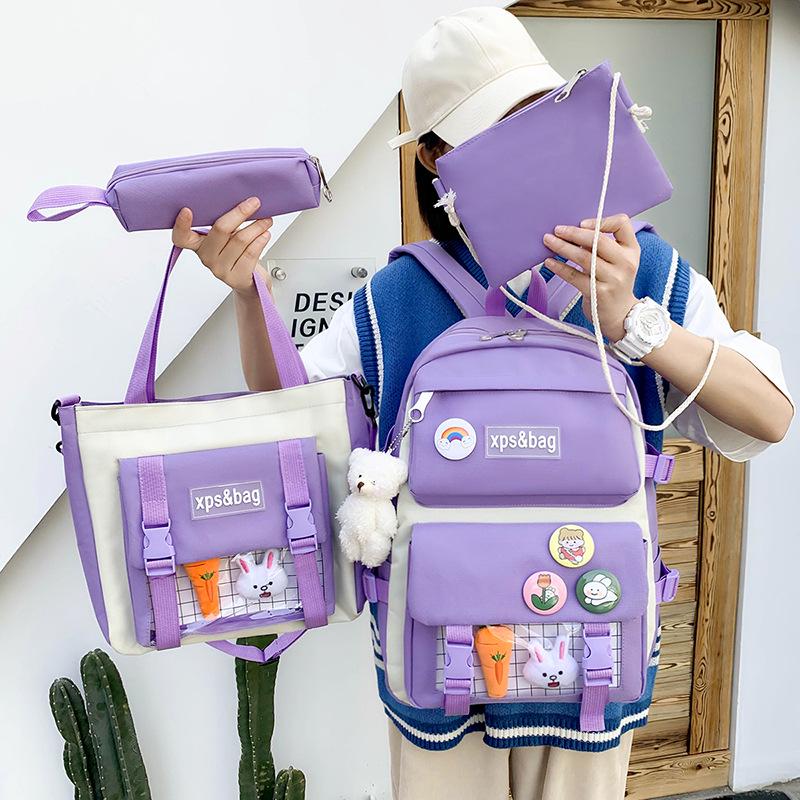 Set di Zaini in Tela da 4-5 Pezzi per Studenti: Design Carino con Carota e Coniglio, Perfetto per Bambine e Bambini delle Scuole Elementari e Medie