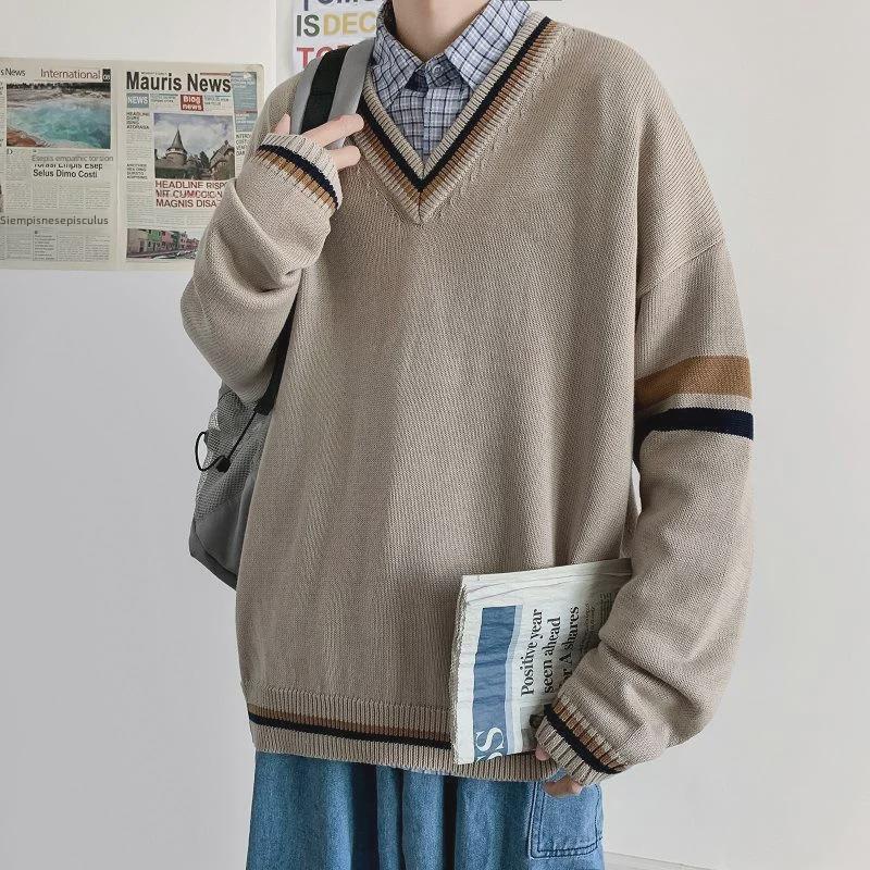 Maglione da Uomo a Scollo a V Colorblock Retro Giapponese - Giacca a Maglia Moda Coreana Ins Primavera/Autunno