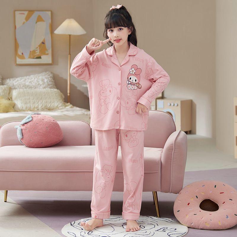 Autumn Long Sleeve Cartoon Pajamas Set for Girls - Cardigan Style, Wear Indoors or Out
