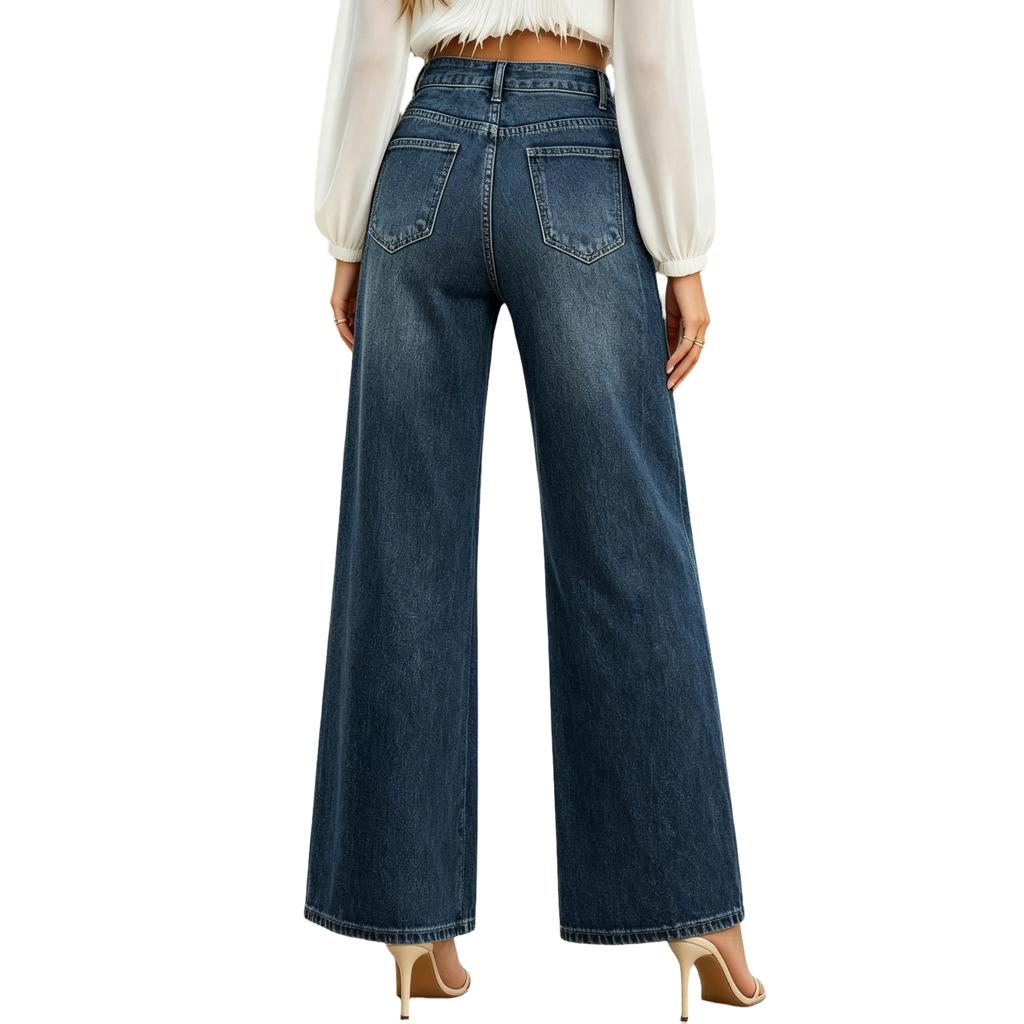Damen Jeans mit weitem Bein und Verzierungen Lässige lockere Denim-Hose