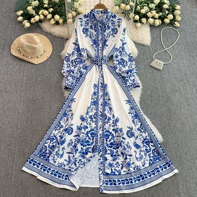 Spring Autumn Women Vintage Palace Blue and White Porcelain Print Single Breasted Party Long Maxi Dress for Girl Graduation