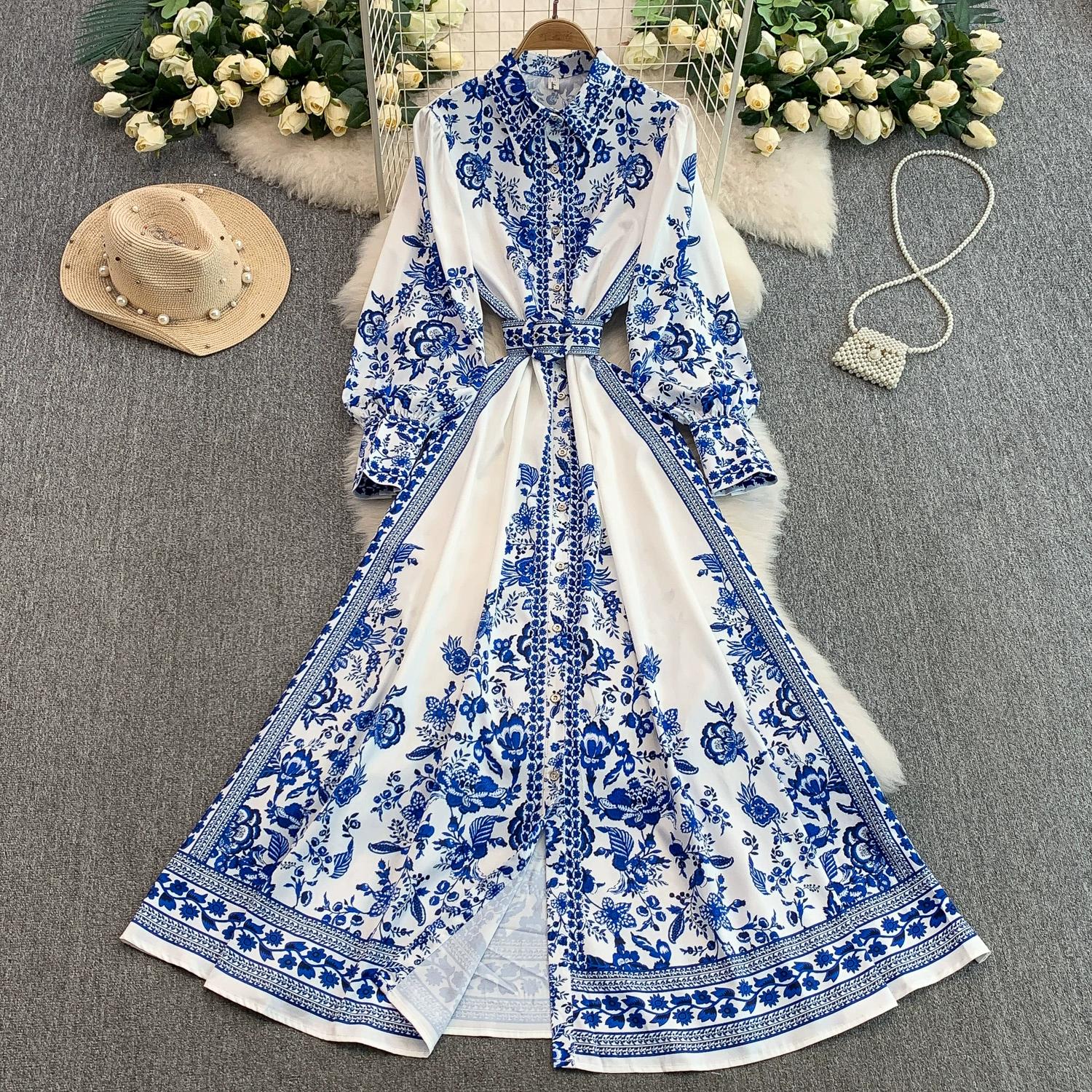 

Весна Осень Женское Винтажное Платье Макси Длинное для Вечеринки с Принтом Дворцового Сине-Белого Фарфора на Одной Пуговице для Выпускного Вечера для Девушки XXL синий