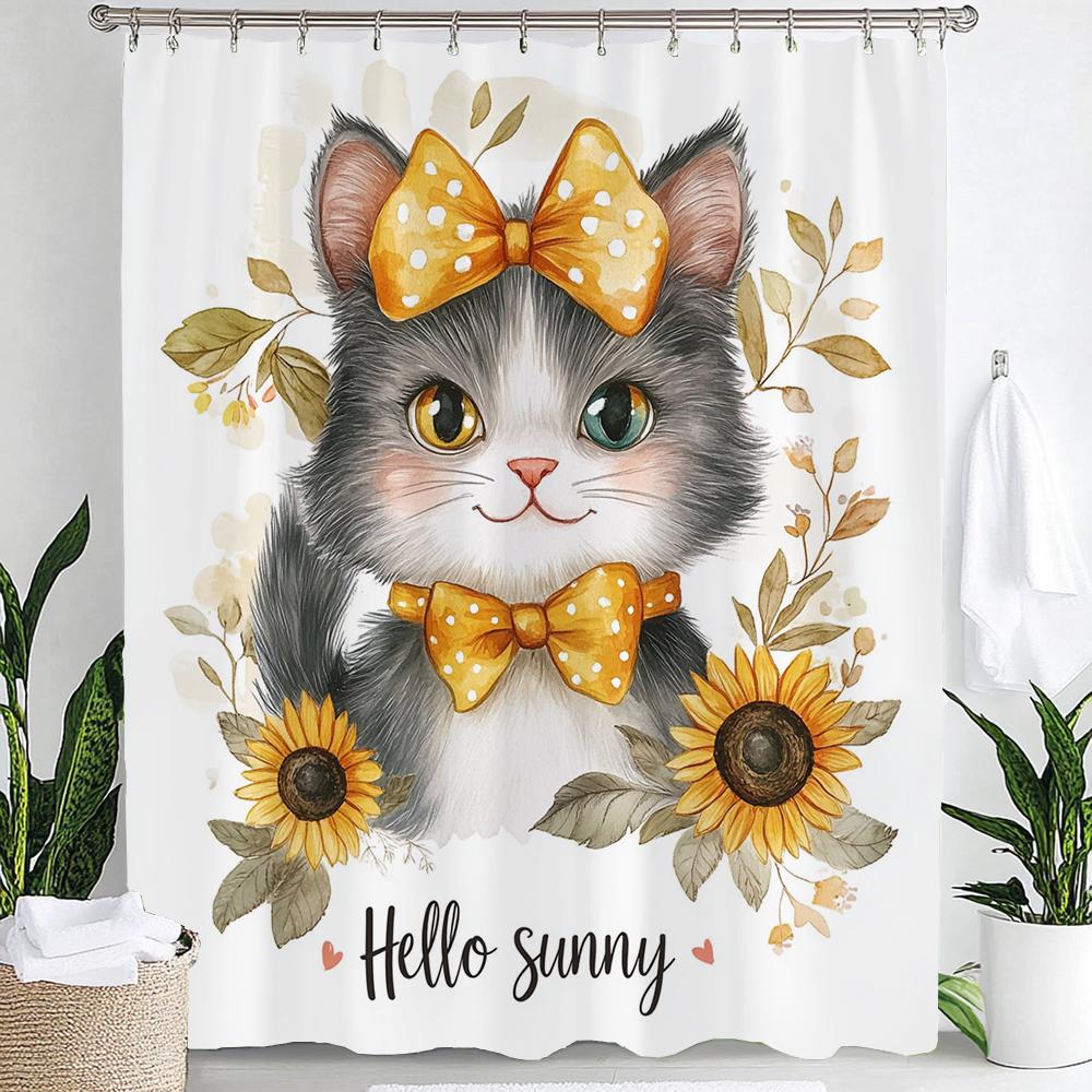 

Cartoon Cute Flowers And Cats Shower Curtain, Bathroom Decorative Shower Curtain, Printed Fabric Home Curtain With Hooks W60H190(CM)-1 Pcs