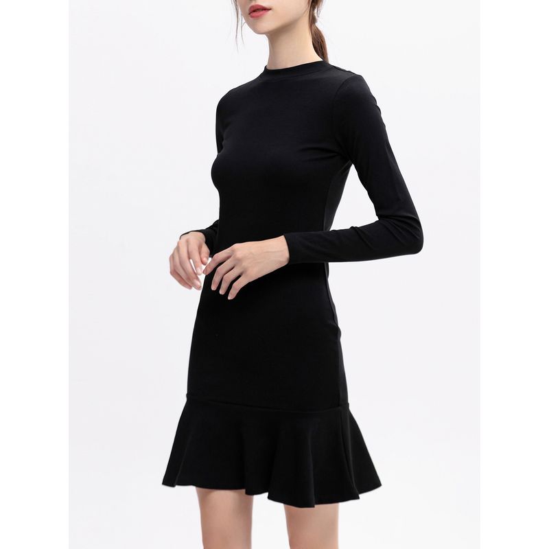 Small Fashion Slim Fit Ruffled Versatile Small Black Dress 2025 Spring & Fall New Arrival Minimalist Long Sleeve Base Dress