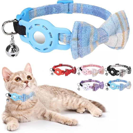 Airtag Cat Collar with Bells and Bowtie -Safety Elastic Band Kitten Collar for Apple Air Tag Holder- Cute GPS Cat Tracker Collars for Girl Boy Cats