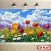 2D plane colored flower grass background fabric red tulips orange daisies and other various flowers polyester fiber