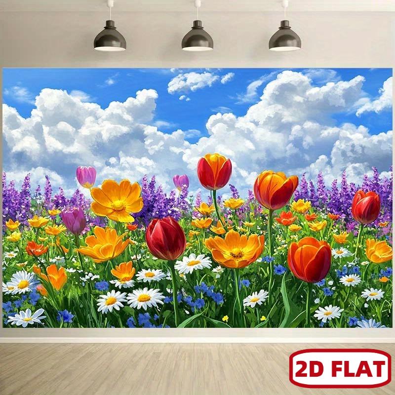 2D plane colored flower grass background fabric red tulips orange daisies and other various flowers polyester fiber