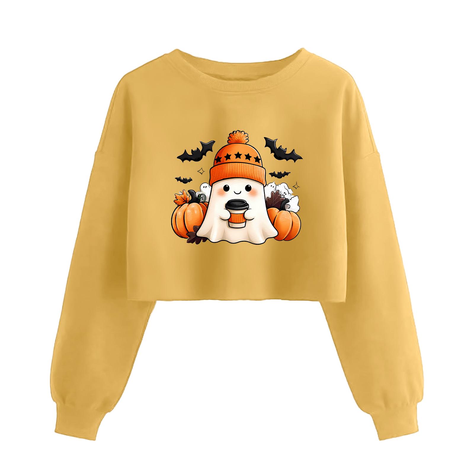 

Женский модный пуловер с длинным рукавом и принтом на Хэллоуин, открывающий живот XL