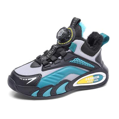 6788 Students Children's Rotating Buckle Sports Shoes Running Shoes Spring Autumn and Winter Low-top Leather Surface Boys Velvet Warm Cotton Shoes