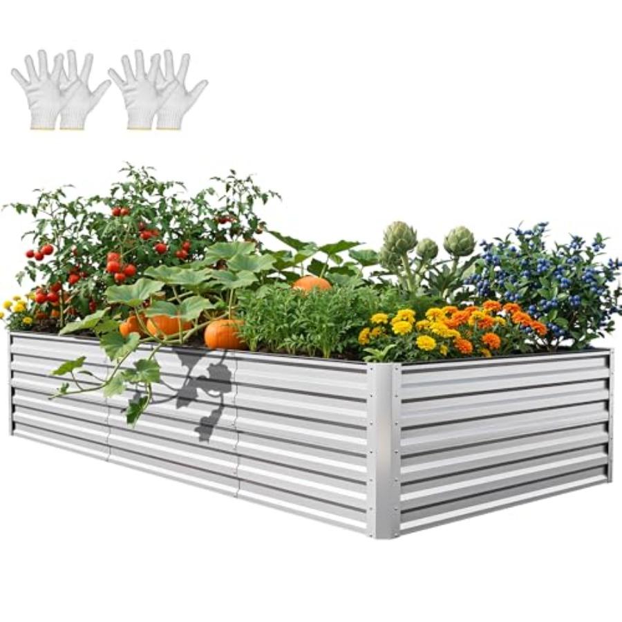 

8x4x2ft Large Raised Garden Bed Kit Galvanized Metal Planter Box with Gloves Ground Nails Support Rod Safety Rubber Outdoor Abo United States