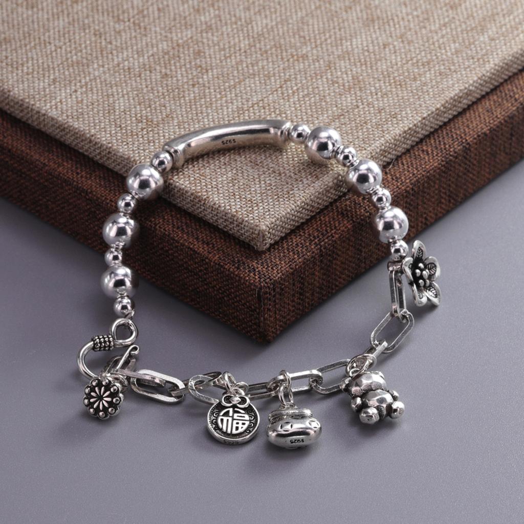 925 Sterling Silver Thai Silver Bracelet for Women Vintage Geometric Heart Love Lucky Punk Jewelry 2026 New