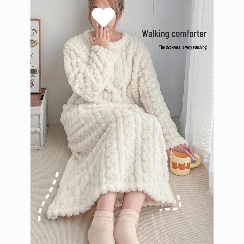 Women's Winter Coral Fleece Jacquard Long Robe Pajamas with Pockets