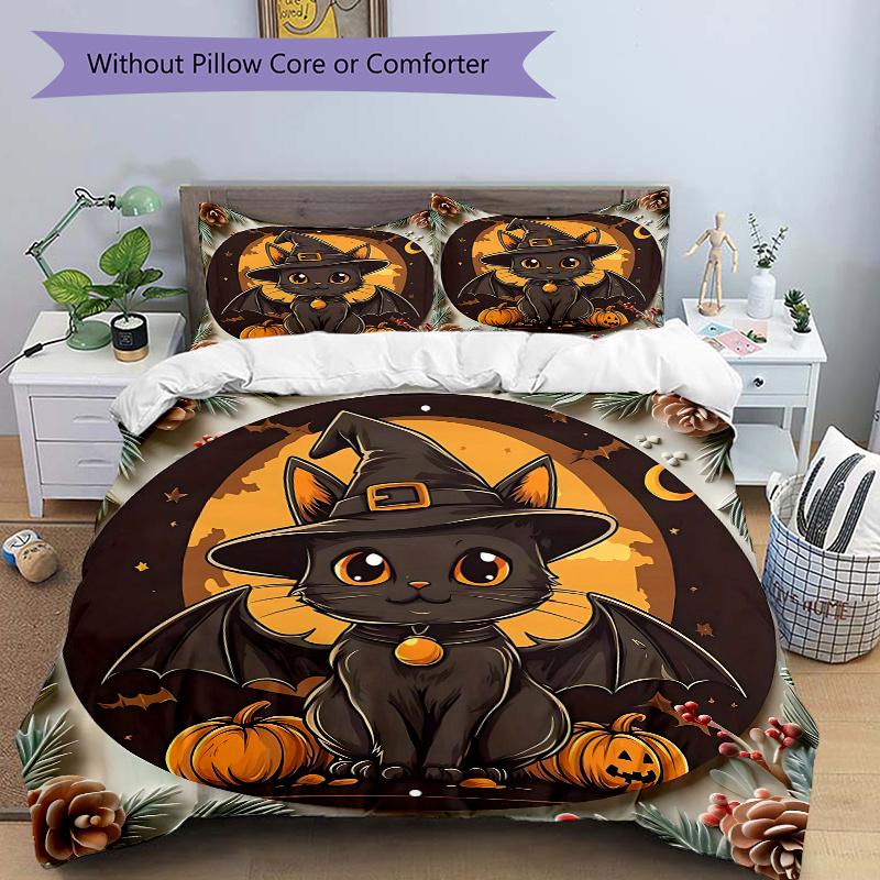 Zestaw pościeli z nadrukiem 3 szt. Straszny Czarny Kot w Kapeluszu Czarownicy ze Skrzydłami Nietoperza, Miękka i Wygodna Poszewka na Kołdrę do Sypialni, Pokoju Gościnnego (1 poszewka na kołdrę