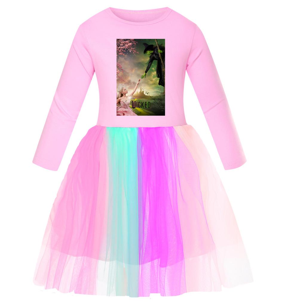 Kids Girls Witch Glinda Print Mesh Rainbow Round Neck Casual Cotton Dress