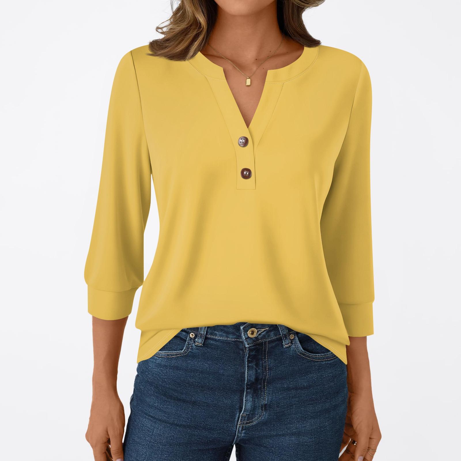 

Women s Fashion Casual 3/4 Sleeve T-Shirt V-Neck Button Top XL жовтий