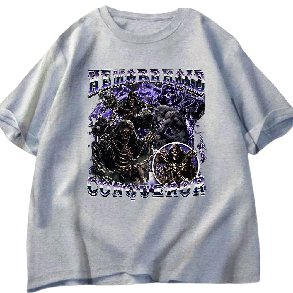Hemorrhoid Conqueror Funny Skull Tshirt Mens Womens Casual Cotton Tshirt Fashionable Oversized Short Sleeved Street Y2K
