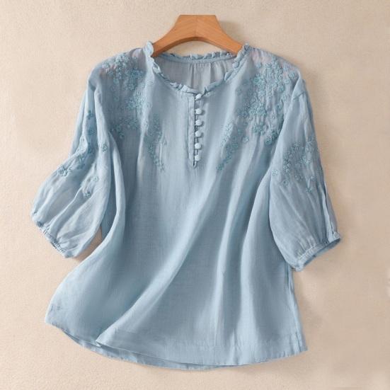 Camicia da Donna Ricamata Floreale Manica a 3/4 a Palloncino Vestibilità Larga Pullover Top Orlo Curvo Casual Estiva Blusa Traspirante Quotidiano