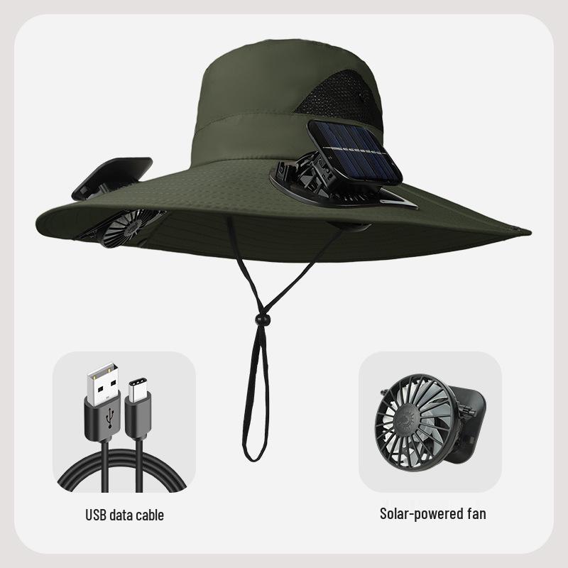Solar-Powered Wide-Brim Hat with Fan & Face Shield for Outdoor Cycling, Fishing & Sun Protection