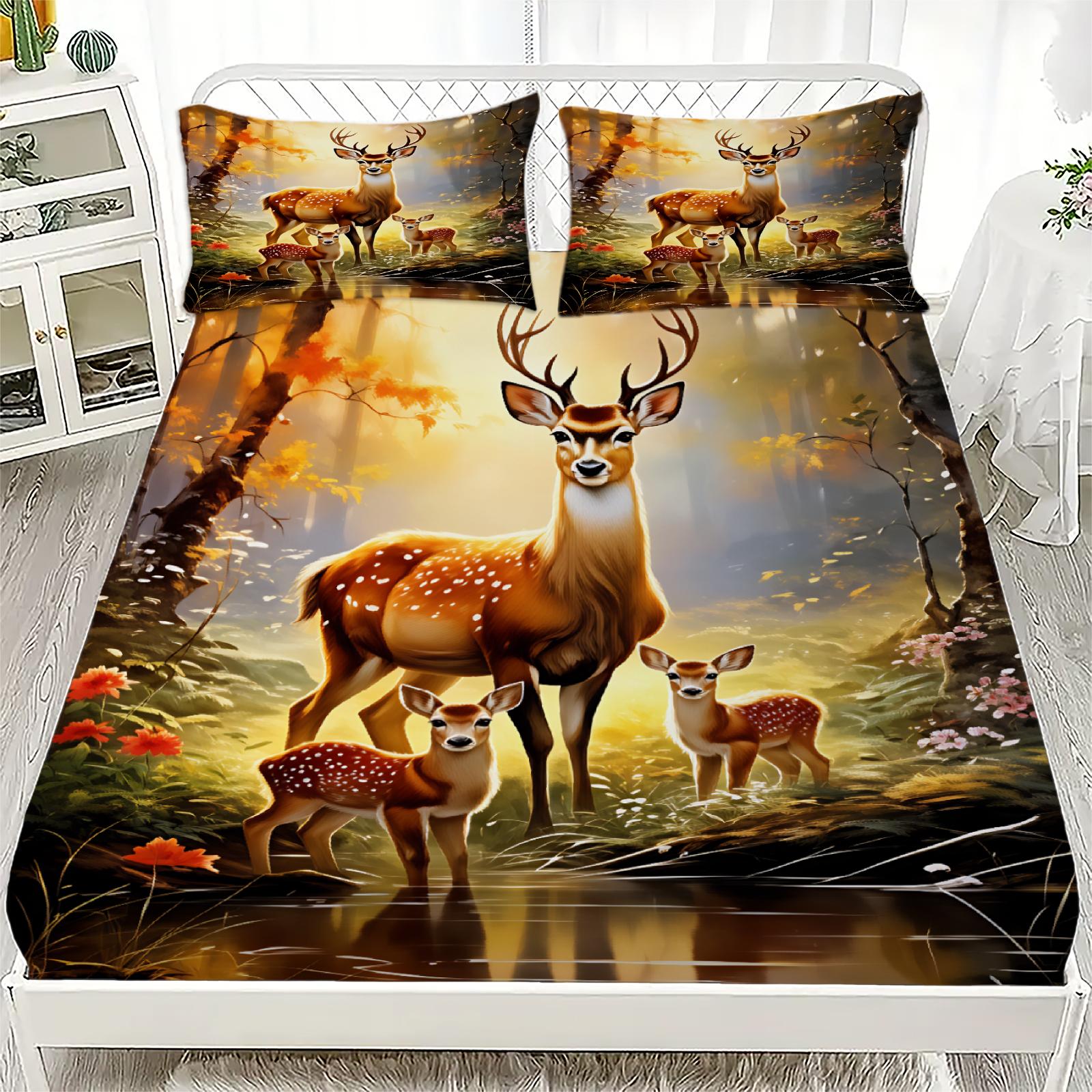 

3pcs Fitted Sheet Set Deer Family 3D Printed Nature Scene Wrinkle Resistant Bed Sheet With Pillowcases For Bedroom Decor 99x190x25cm