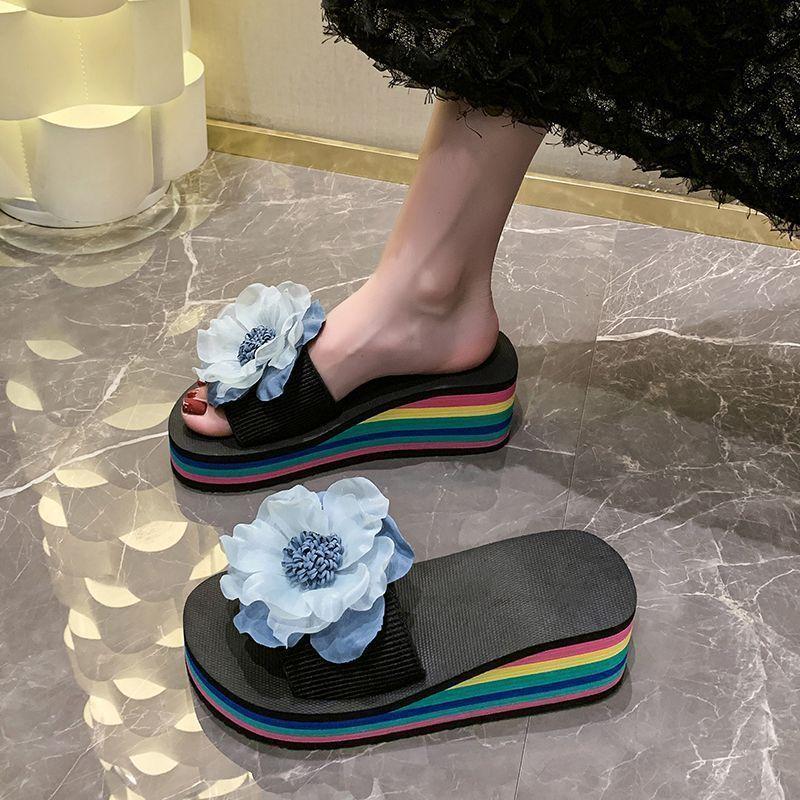 Fairy flower high-heeled one-word slippers 2025 summer wear fashion with skirt thick-bottomed slope heel beach cool slippers