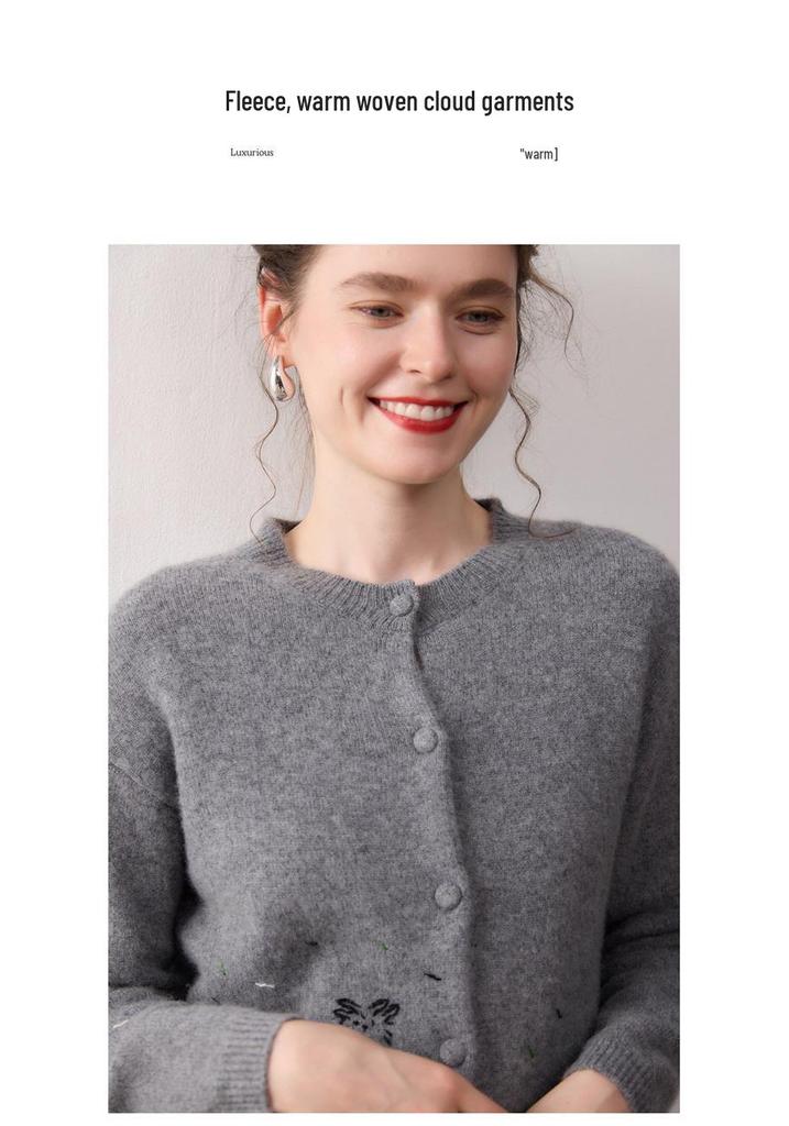 Autumn/Winter 2025 Women's Cashmere Animal Embroidery Knit Cardigan - Loose Fit, Round Neck, Button Closure Sweater