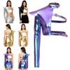 S-XXL Women Metallic Shiny One Shoulder Long Sleeve Crop Top Structured Epaulet Adjustable Buckles Asymmetrical Clubwear for Night Party