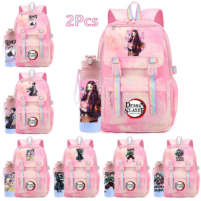 2Pcs/set Cartoon Demon Slayer Printed Backpack with 750Ml Water Bottler for Teenager Bookbag Large Capacity Waterproof Travel Bag
