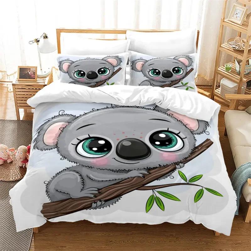 Cartoon Koala Cute Animal Leaves Flowers Comfortable Duvet Quilt Cover Pillowcase Bedding Set Bedroom Decoration Home Textile