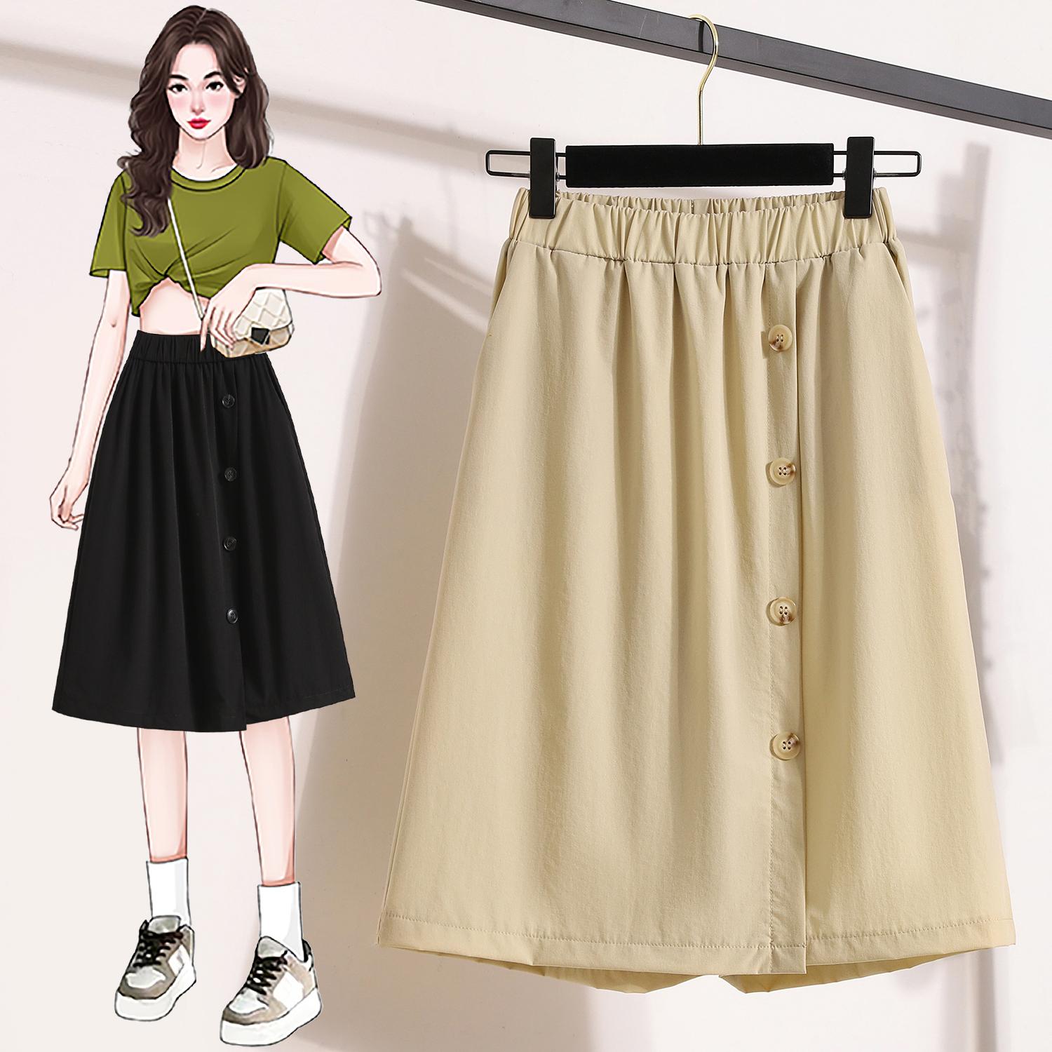 

DIMANAF 2025 Plus Size Summer Elastic Skirts Women Buttons Fashion Loose Skirt High Waist Vintage Maxi S хаки