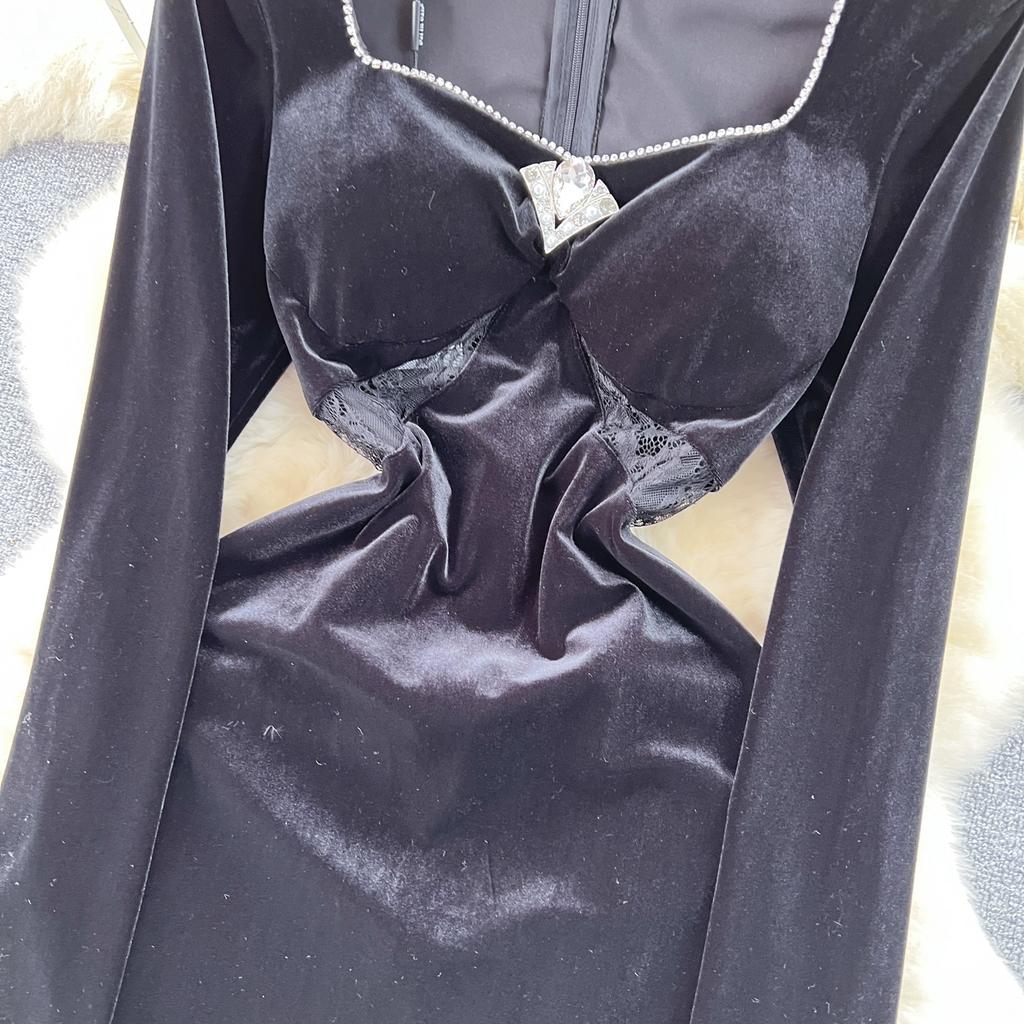 Rochie de petrecere de Crăciun cu dantelă din catifea, în stil Hepburn, cu margele, rochii de seară cu guler pătrat, negru, subțire